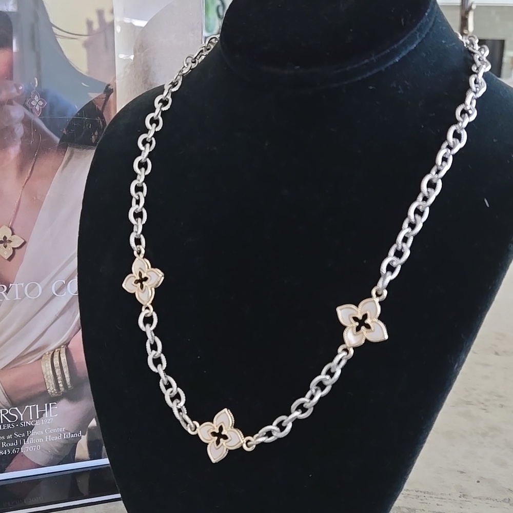 Elegant Gold, Silver, and Mother of Pearl Floral Necklace NWOT